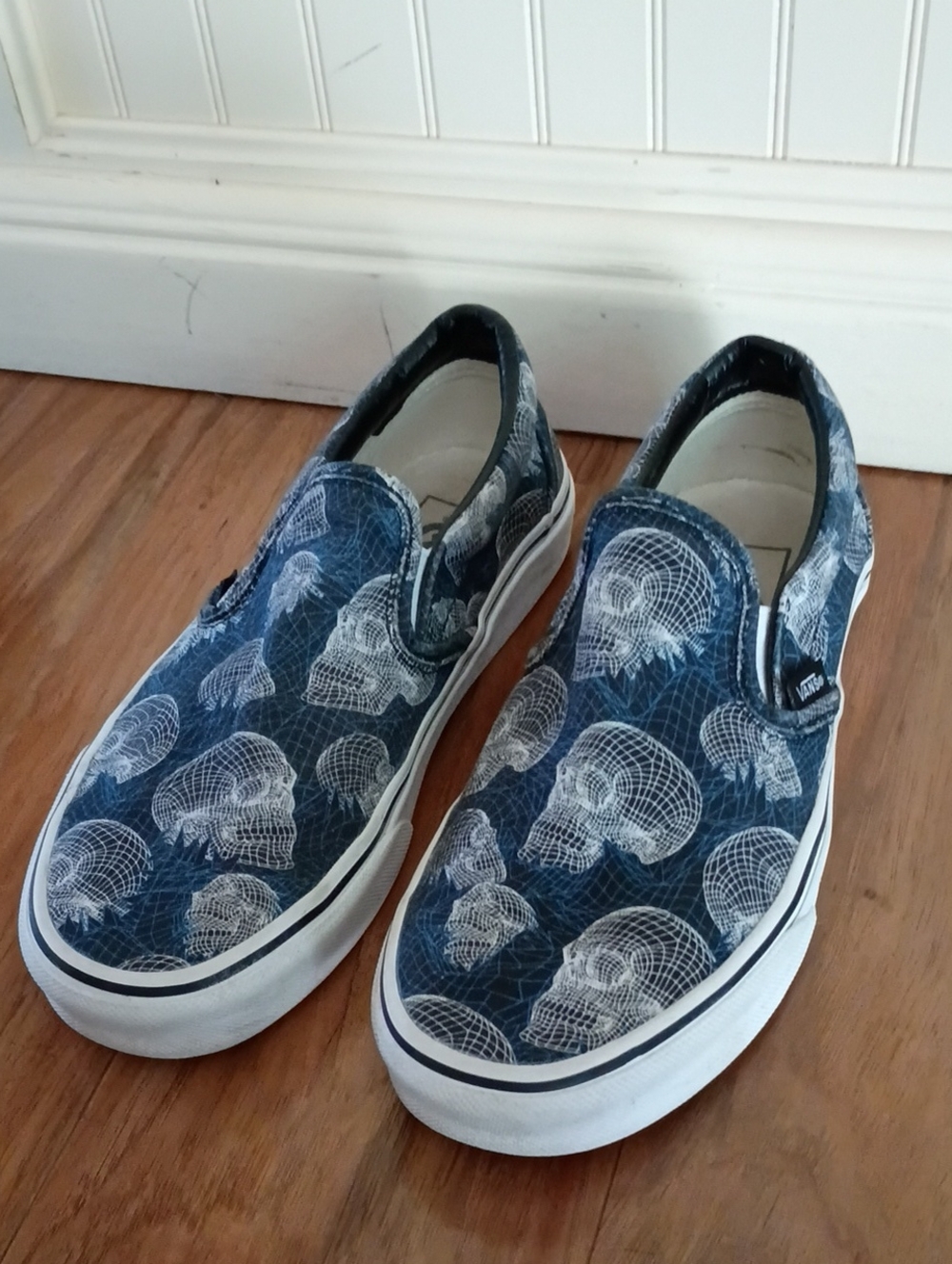 Vans Women's Slip-On Skate Shoes in Navy Skull Print